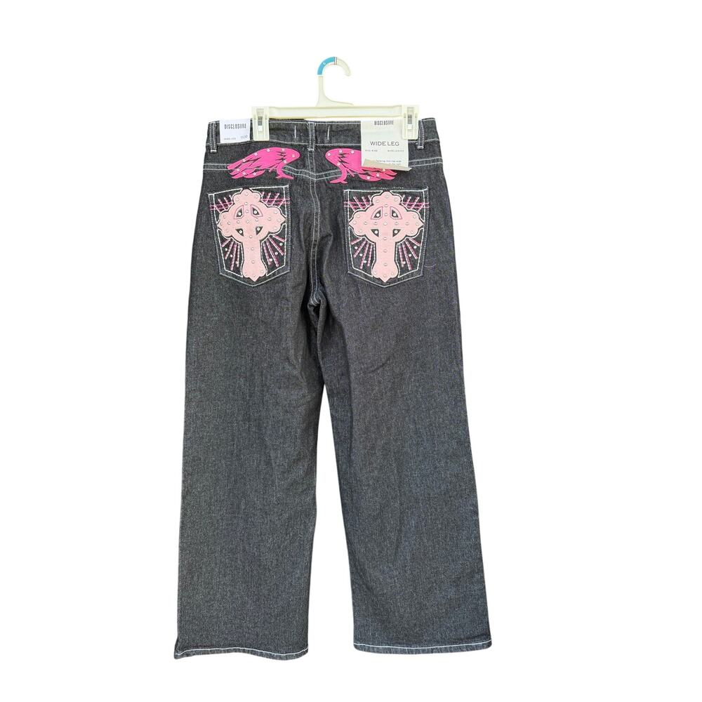 Disclosure Wide Leg Jeans Pink Rhinestone Cross Contrast Stitch Denim NWT 11 30